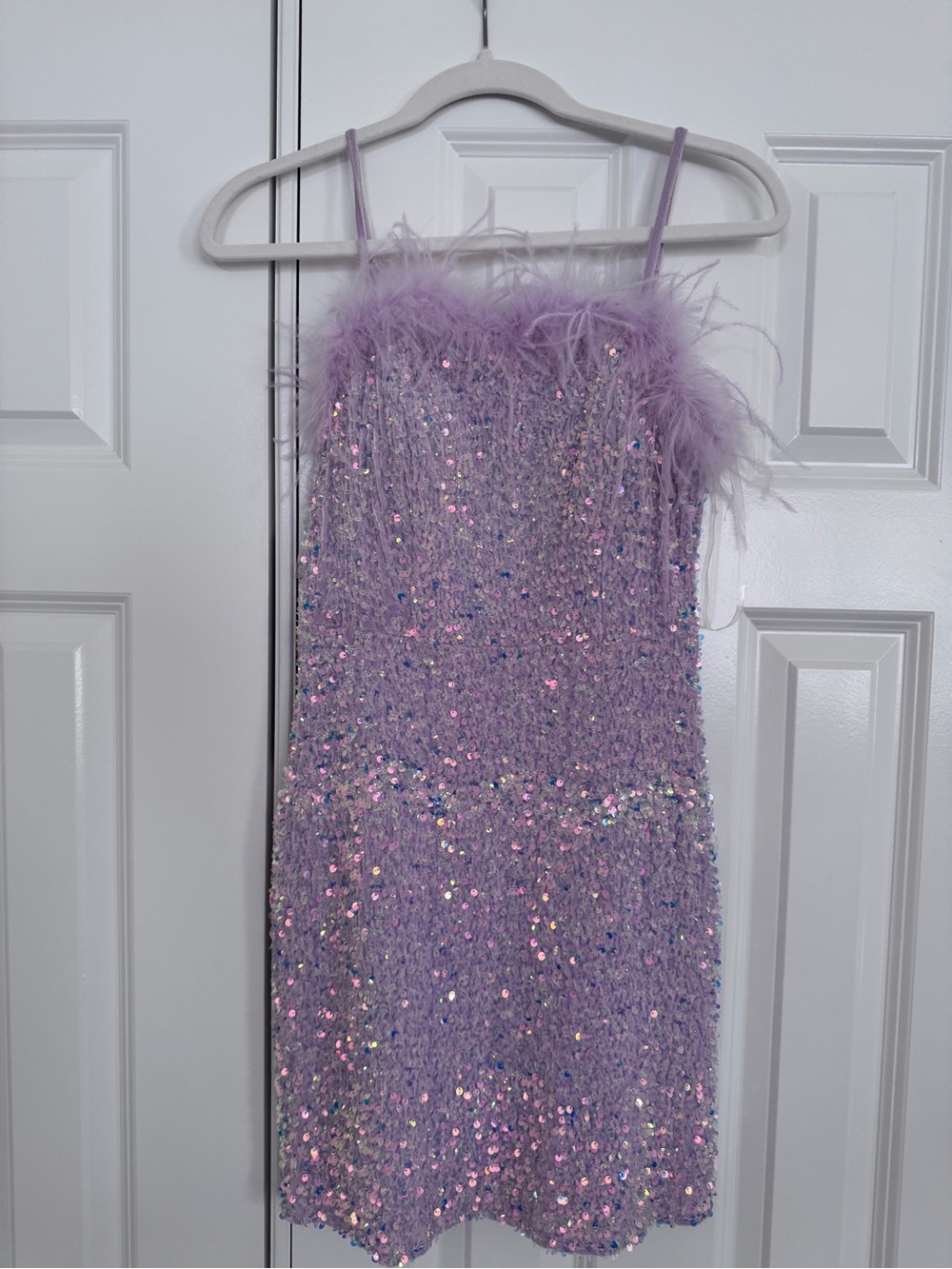 Lavender Sequin Mini Party Dress with Fur Trim